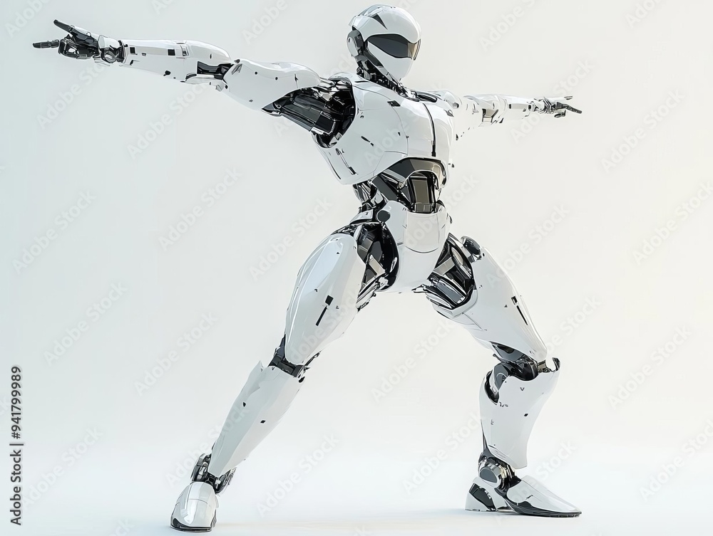 Obraz premium A full-body android robot standing in a dramatic pose with one arm extended upwards and the other across its chest, isolated on a bright background