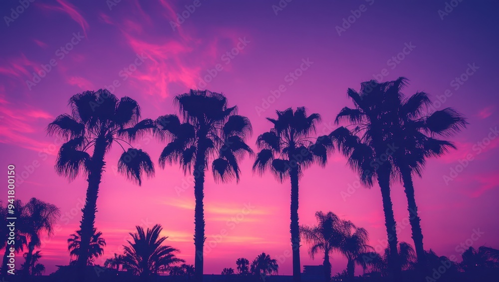 Obraz premium A vintage-style photograph of palm trees silhouetted against the sky at dusk, capturing their majestic shapes and tall stature Generative AI
