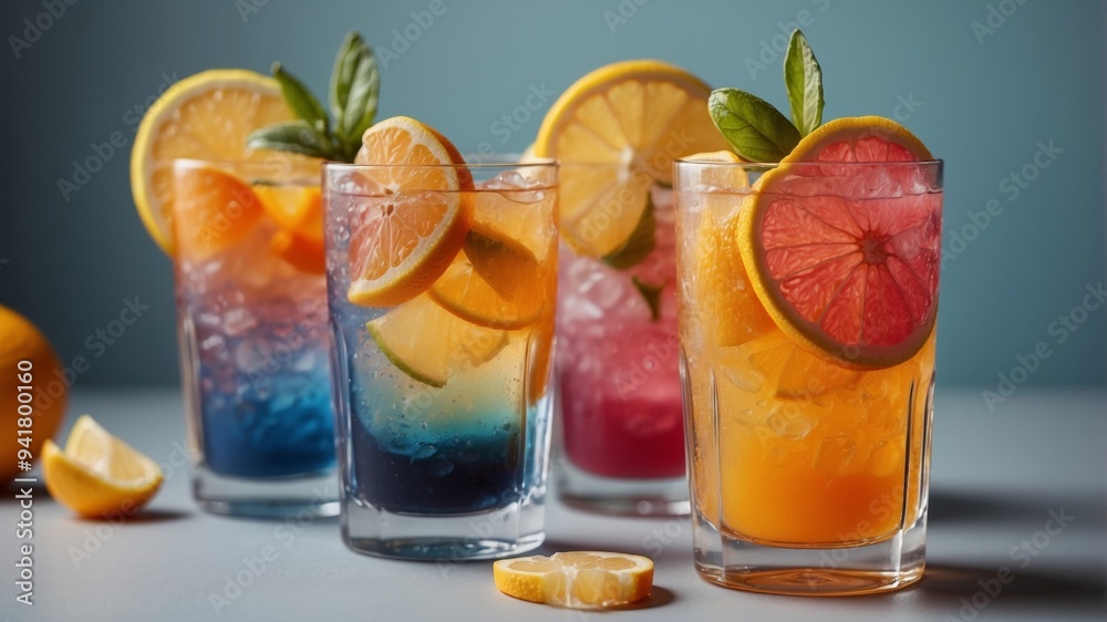 Colorful cold drinks in glasses with fresh citrus slices. Colorful cold drinks in glasses with fresh citrus slices.