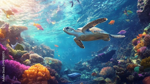 Sea Turtle Swimming Through Colorful Coral Reef.