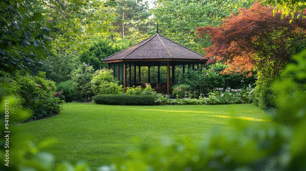 A serene garden house with a pergola, set in a lush garden with ample space for text A serene garden house with a pergola, set in a lush garden with ample space for text