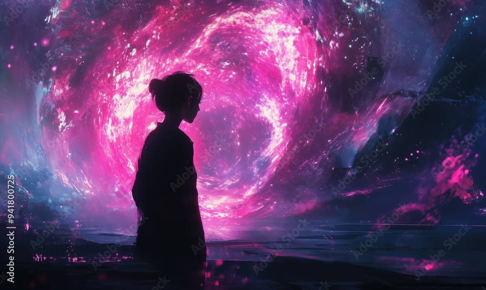 A woman stands in front of a purple and pink swirl