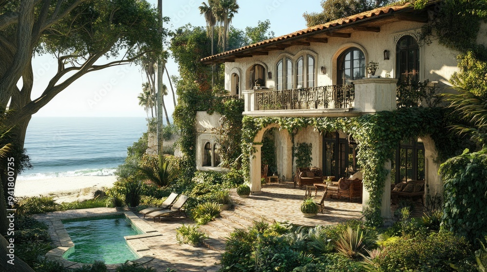Fototapeta premium Traditional European beach house with a vintage copy floor, surrounded by lush greenery and ocean breeze.