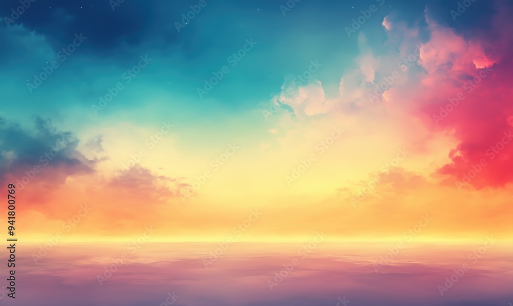 Obraz premium A colorful sky with clouds and a bright orange sun. The sky is filled with a variety of colors, including blue, purple, and red. The clouds are scattered throughout the sky, with some larger