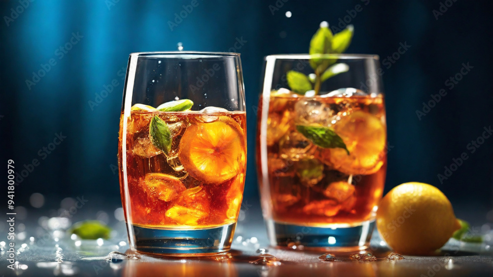 Refreshing iced tea in the glass, summer refreshing drink, detox, diet and healthy lifestyle concept. Refreshing iced tea in the glass, summer refreshing drink, detox, diet and healthy lifestyle concept.