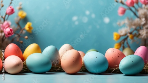 Easter background with Easter eggs Flat lay. photo