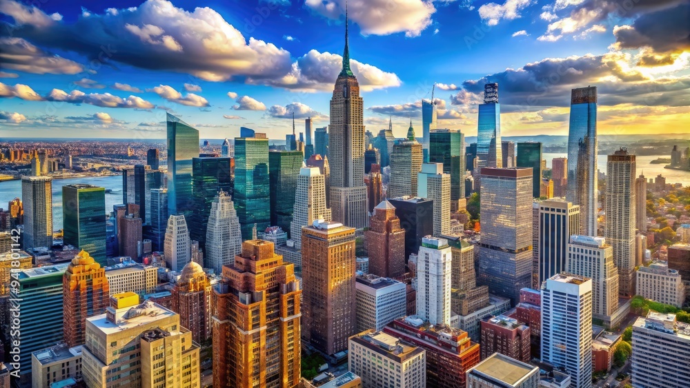 Obraz premium Majestic skyscrapers and modern architecture fill the vibrant cityscape of Manhattan, with towering high-rises and iconic buildings standing against a bright blue New York sky.