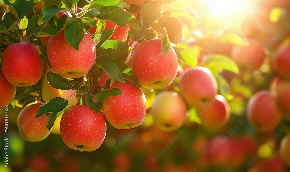 A bunch of red apples hanging from a tree. The apples are ripe and ready to be picked A bunch of red apples hanging from a tree. The apples are ripe and ready to be picked