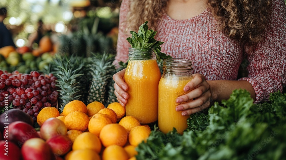 woman buying organic juice outdoors at local farmers market close up.illustration woman buying organic juice outdoors at local farmers market close up.illustration