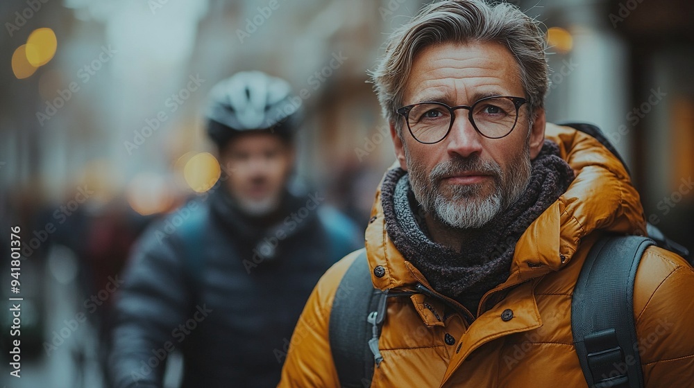 middle aged city commuters traveling from work by bike talking walking on the street commuting through the city after a long workday.illustration middle aged city commuters traveling from work by bike talking walking on the street commuting through the city after a long workday.illustration