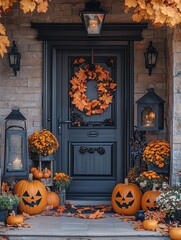Halloween pumpkin decorations. Pumpkin for decorated house. Halloween Decorated at front yard of a American home. Halloween decorated front door with pumpkins.