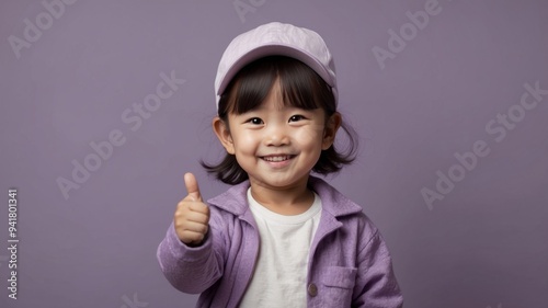 Cheerful Asian Toddler Giving Thumbs Up on Solid Purple Background.