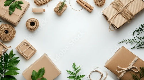 A collection of environmentally friendly supply chain items: sustainable shipping boxes and natural materials, with space for text.