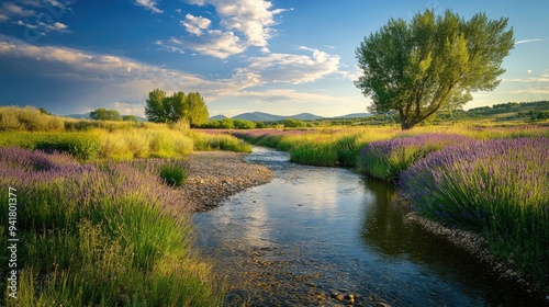 A serene stream running through a lavender field in Provence, France, with open space for copy in the sky