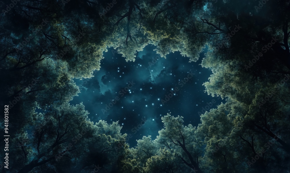 Fototapeta premium A dark forest with a large hole in the middle. The sky is filled with stars and the trees are illuminated by the light of the stars