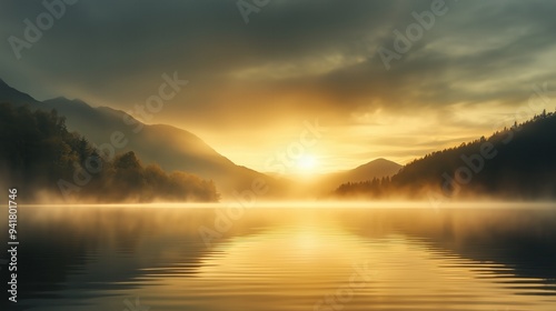 A beautiful lake with a sun setting in the background. The sky is cloudy and the sun is setting behind the mountains