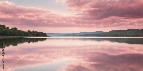 Serene landscape of pink clouds reflecting on tranquil water.