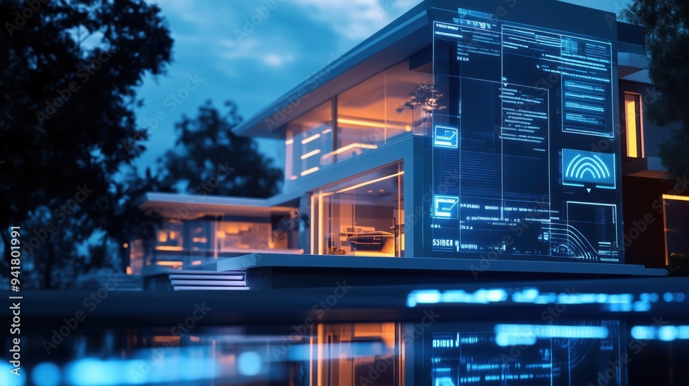 Obraz premium A house with a large window and a glowing screen on the wall. The house is surrounded by trees and the sky is cloudy. The glowing screen on the wall is displaying a futuristic design