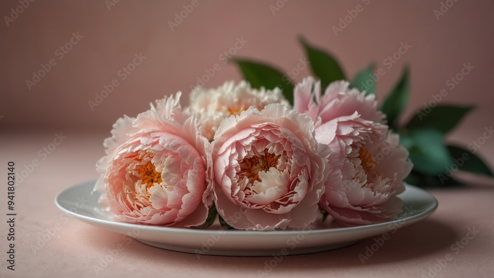 Collection of light pink peonies arranged in a white ceramic plate on pink pastel background.