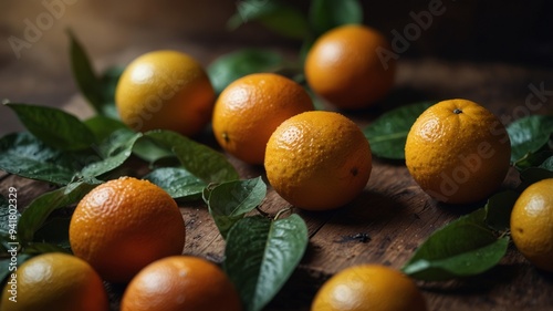 Fototapeta Naklejka Na Ścianę i Meble -  Fresh citrus fruits and leaves on a rustic background.