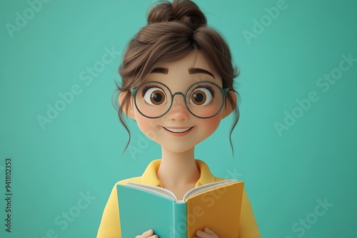 3D cartoon female teacher with a cheerful expression, holding a colorful book photo