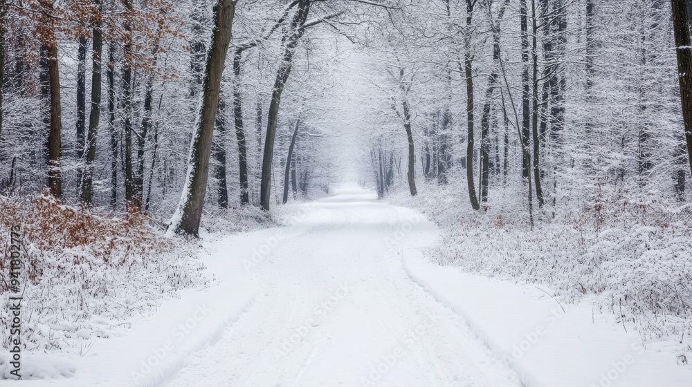 A snowy path leading through a winter forest, with plenty of space for text A snowy path leading through a winter forest, with plenty of space for text