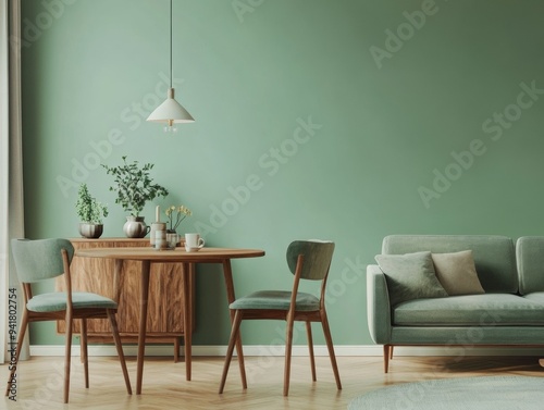 Mint chairs at a round wooden dining table in a Scandinavian mid-century living room