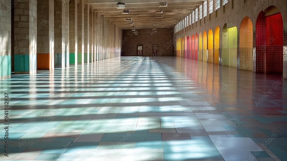 A spacious hall with numerous windows alongside the walls and a tiled surface on the opposite end A spacious hall with numerous windows alongside the walls and a tiled surface on the opposite end