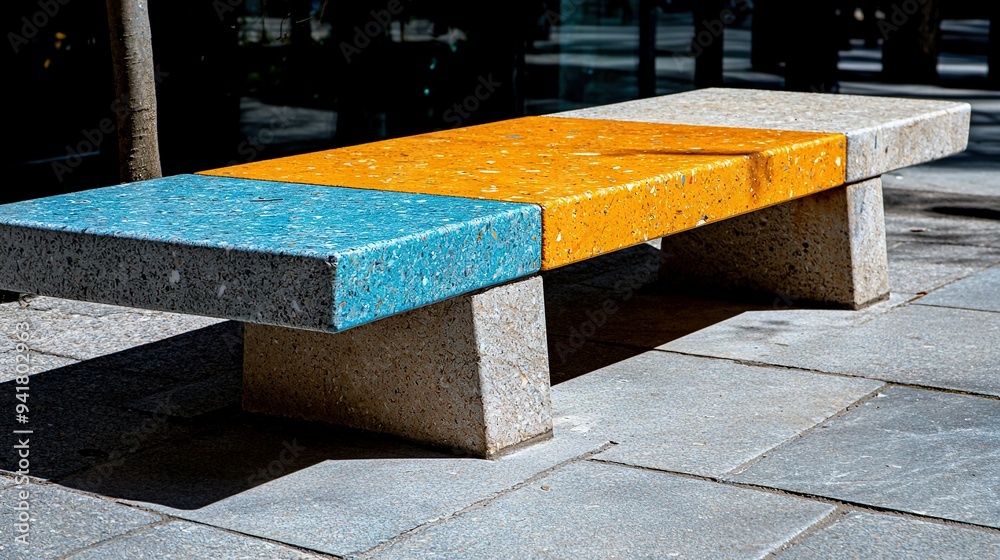 A concrete bench sits atop a sidewalk adjacent to a towering building with a yellow and blue bench positioned on top of it A concrete bench sits atop a sidewalk adjacent to a towering building with a yellow and blue bench positioned on top of it