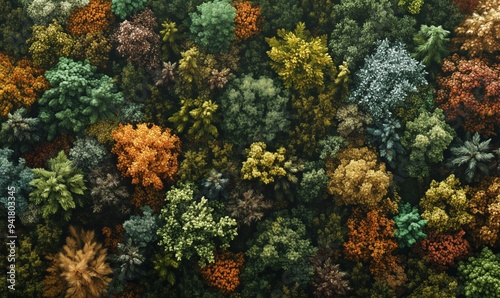 A forest with many trees of different colors. The colors are mostly green and brown. The trees are all different sizes and shapes