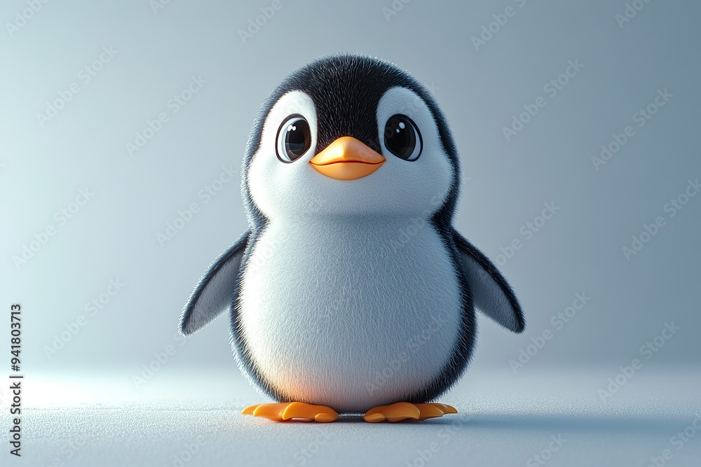 3D cartoon penguin with a soft, plump body, bright eyes, and a happy face, rendered in a charming and endearing way