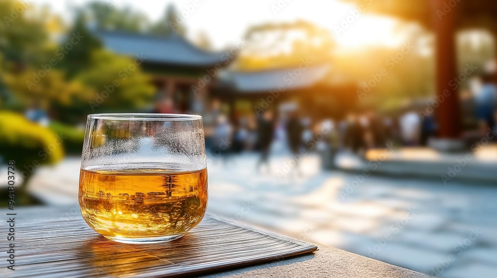 A glass of beer sits on a wooden table in front of a building with a pagoda in the backdrop A glass of beer sits on a wooden table in front of a building with a pagoda in the backdrop