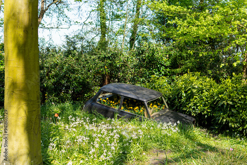 mini cooper car filled with flowers