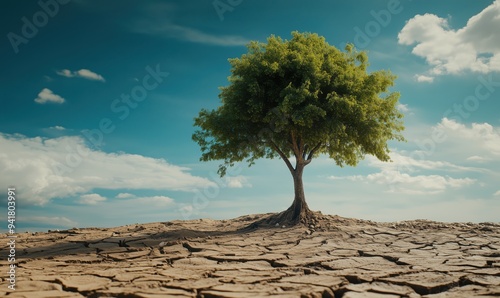 A tree is growing in a barren, rocky field. The sky is clear and blue, with a few clouds scattered throughout. The tree is the only sign of life in this desolate landscape