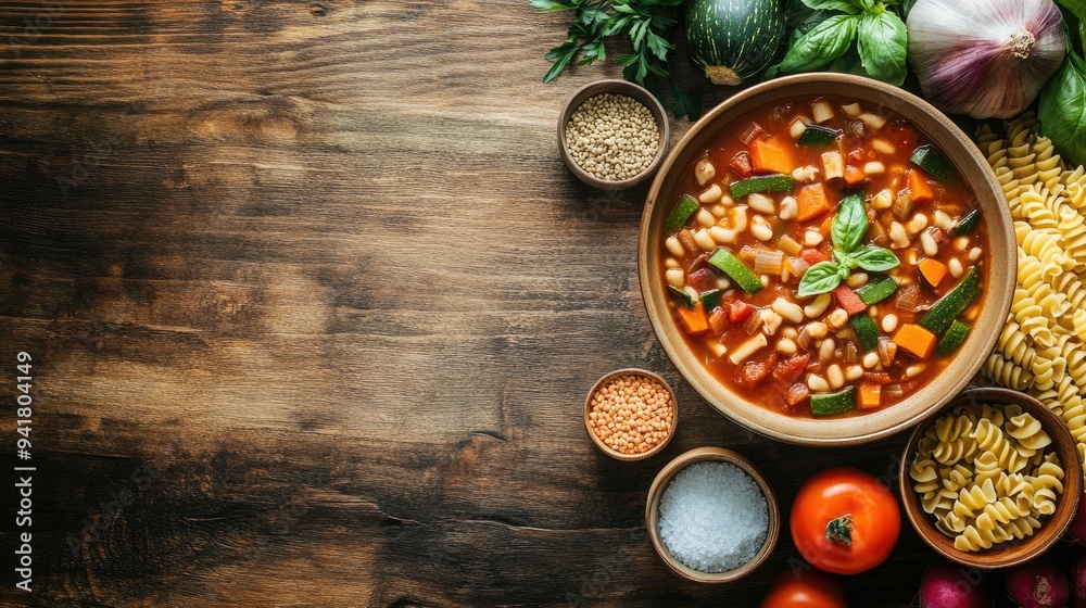 A flat lay of Italian minestrone soup with vegetables and pasta, with copy space available. A flat lay of Italian minestrone soup with vegetables and pasta, with copy space available.