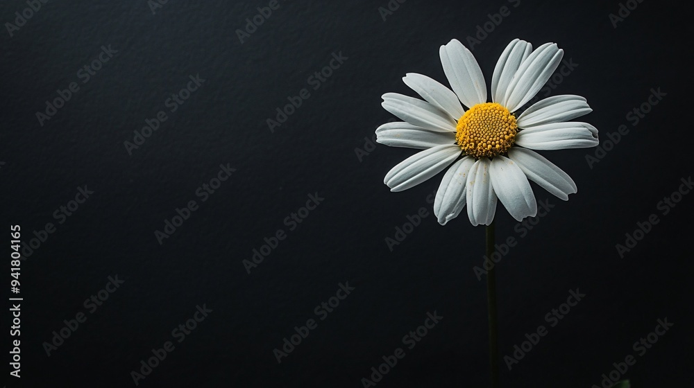 Obraz premium A dark charcoal backdrop featuring a bright white daisy, its pure petals soft against the harsh background