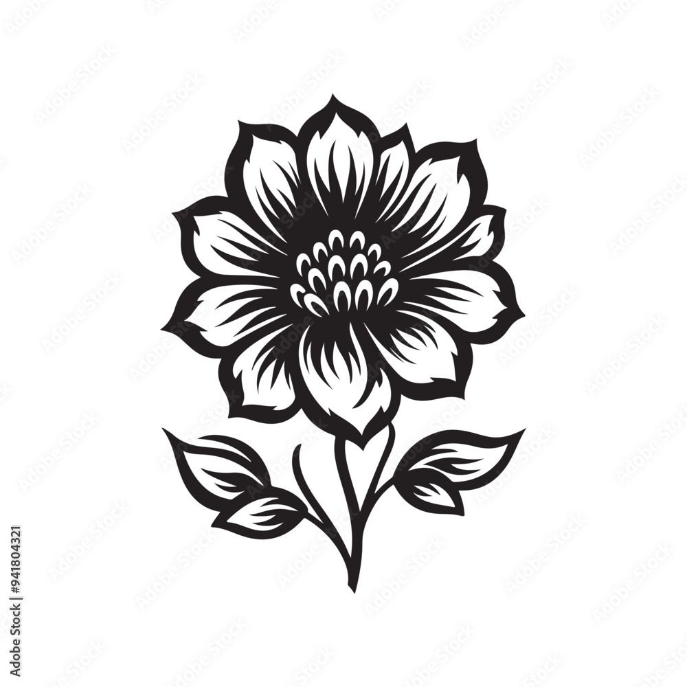 flower silhouette vector, isolated on white background, black and white silhouette vector and illustration, flower silhouette, silhouette style