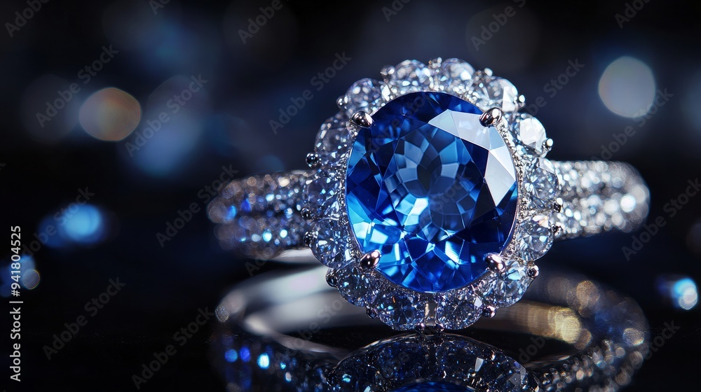 Close-up of a sapphire, silver ring, and studio set against a black backdrop, representing luxury and vintage goods. Tanzanite, a blue gemstone, shines and glows with reflection when set in white gold Close-up of a sapphire, silver ring, and studio set against a black backdrop, representing luxury and vintage goods. Tanzanite, a blue gemstone, shines and glows with reflection when set in white gold