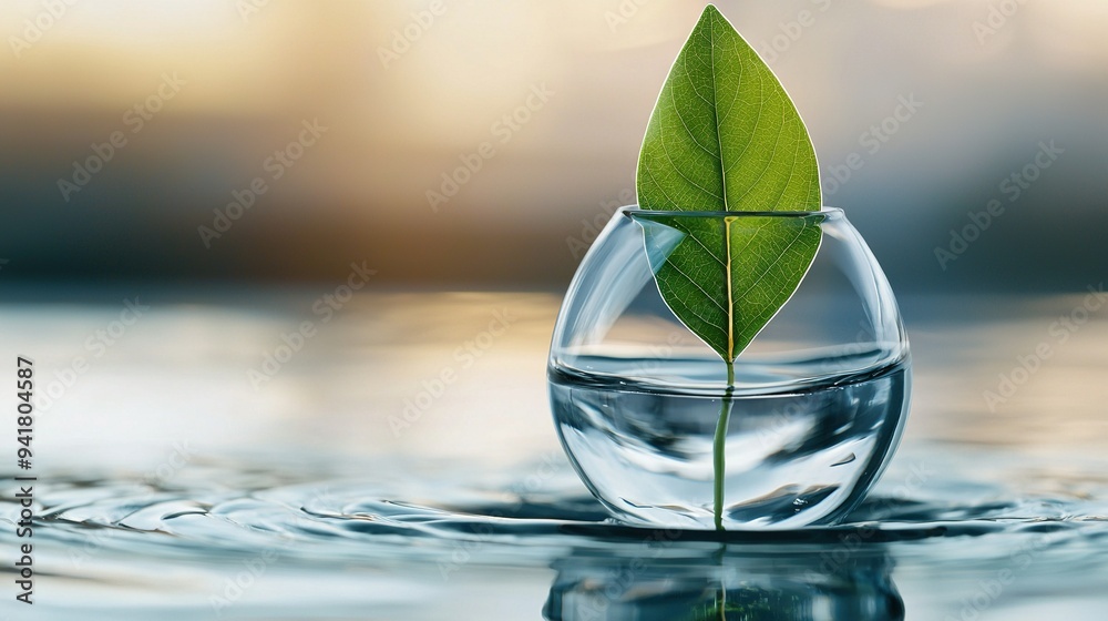 Green leaf protruding from water with droplet at base Green leaf protruding from water with droplet at base