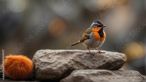 A Tiny Bird With Orange Feathers Perched on a Rock. photo