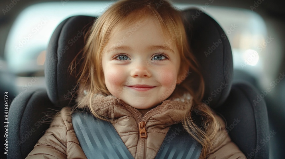A young girl is smiling in a car seat A young girl is smiling in a car seat