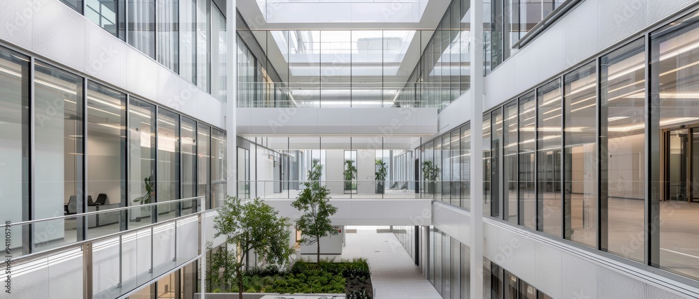 Modern office building interior featuring expansive glass walls and a green courtyard, promoting a bright and airy work environment. Modern office building interior featuring expansive glass walls and a green courtyard, promoting a bright and airy work environment.