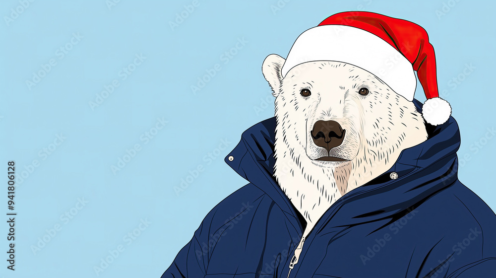 Polar Bear in Santa Hat and Winter Coat Against Blue Background. Generative AI Polar Bear in Santa Hat and Winter Coat Against Blue Background. Generative AI
