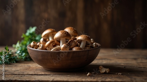 Rustic bowl filled with fresh mushrooms on a wooden table. photo