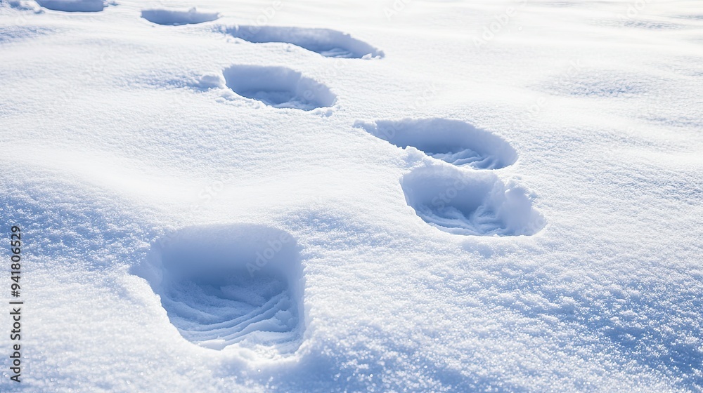 Naklejka premium Footprints in freshly fallen snow, with copy space in the untouched snow ahead