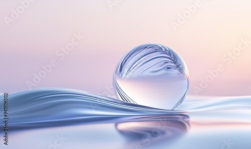 A clear sphere is floating on the surface of a body of water. The water is calm and the sky is pink. Concept of tranquility and serenity
