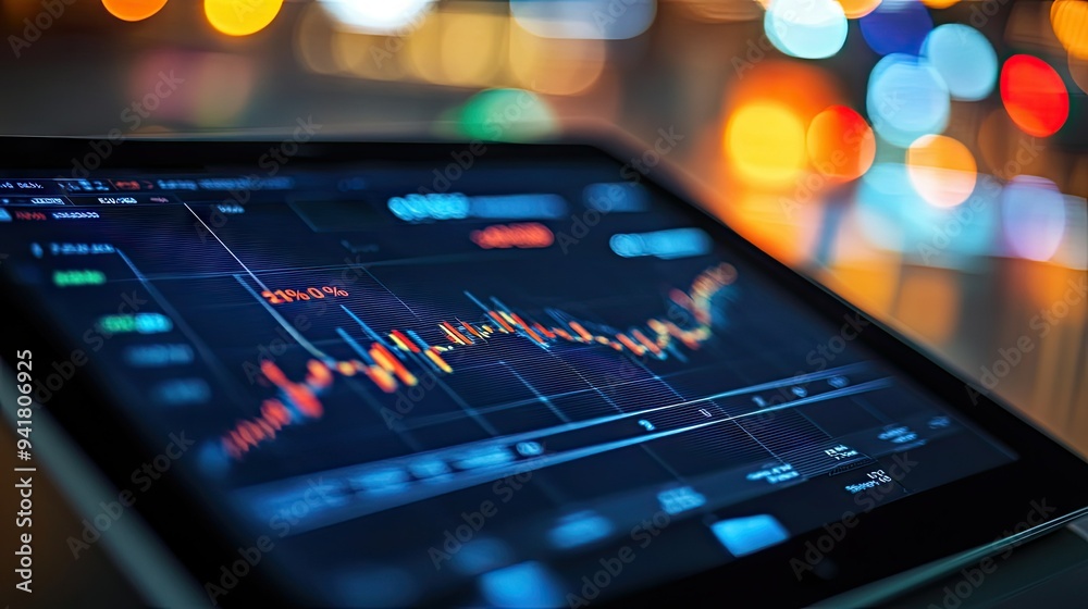 Close-up of a financial dashboard showing real-time stock prices and line graphs on a tablet - Close-up of a financial dashboard showing real-time stock prices and line graphs on a tablet -