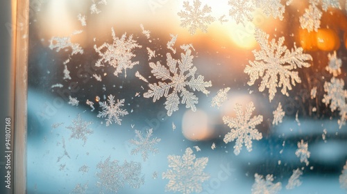 Frosty snowflakes on a windowpane, with plenty of room for text in the blurred background