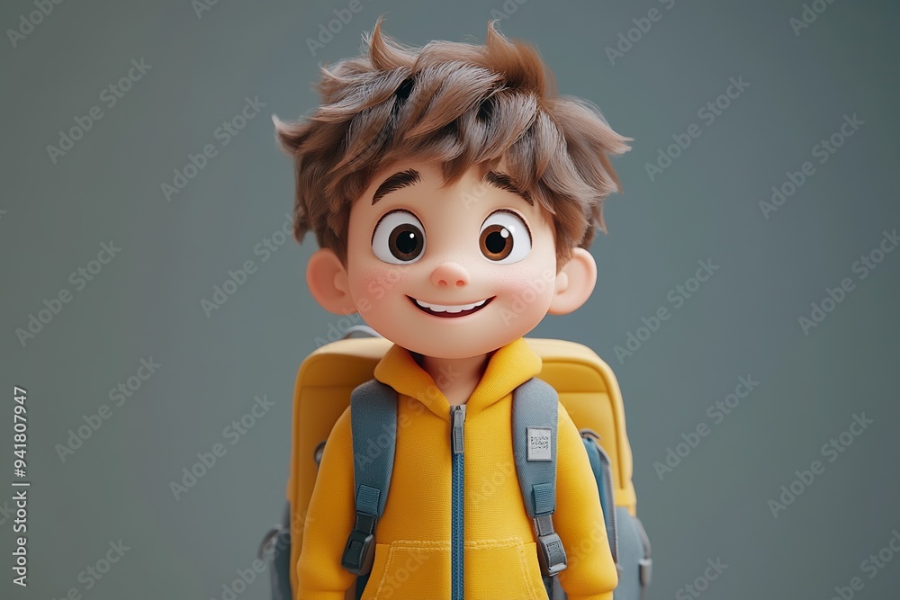 3D kid character with a playful grin, backpack slung over one shoulder 3D kid character with a playful grin, backpack slung over one shoulder