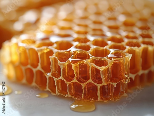 golden honeycomb pieces arranged artfully on white surface dripping with fresh honey macro details of hexagonal structure warm amber tones and glossy texture photo